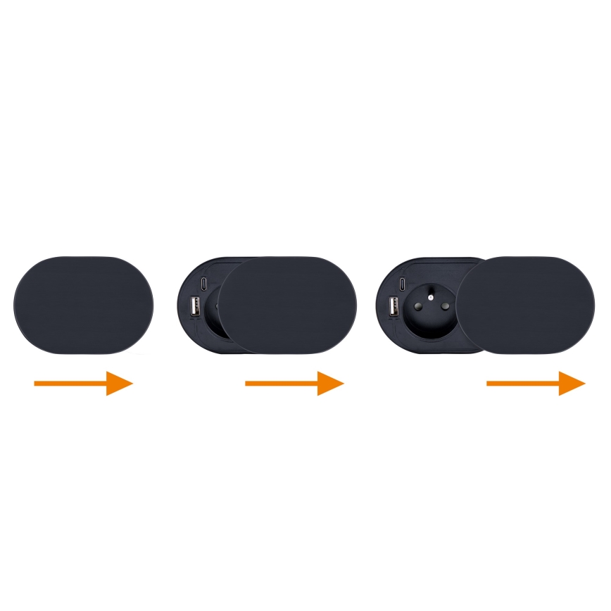 Ugradna utičnica s kliznim poklopcem 20W, 1x utičnica + USB-A i USB-C, crna