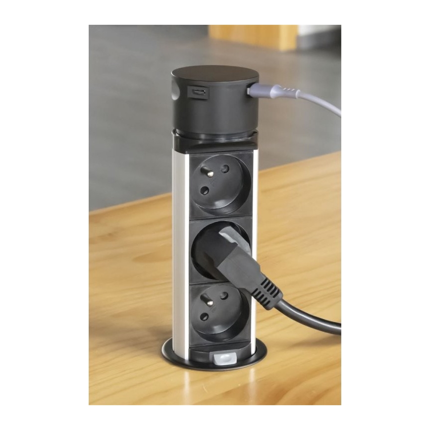 Izvlačni stup s utičnicama za stol 3x230V + 2xUSB crna