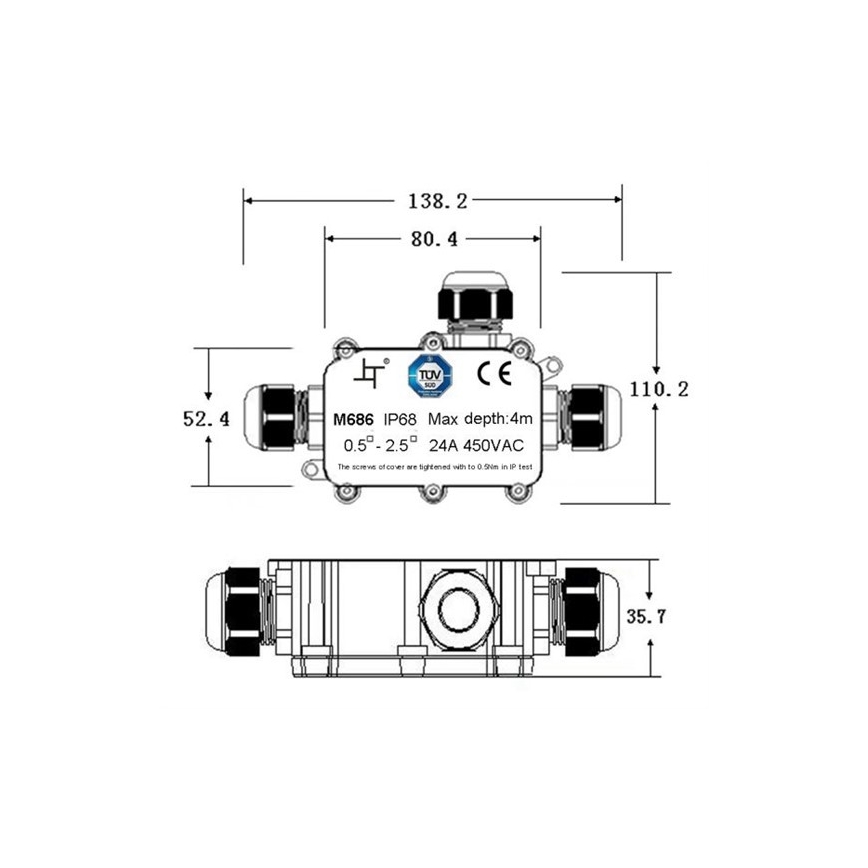 Vodonepropusna spojna kutija 24A/450V AC IP68