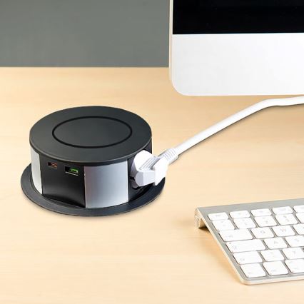 Stolni stupić s utičnicama i Qi bežičnim punjenjem 3x230V + 1xUSB-A + 1xUSB-C crna/srebrna