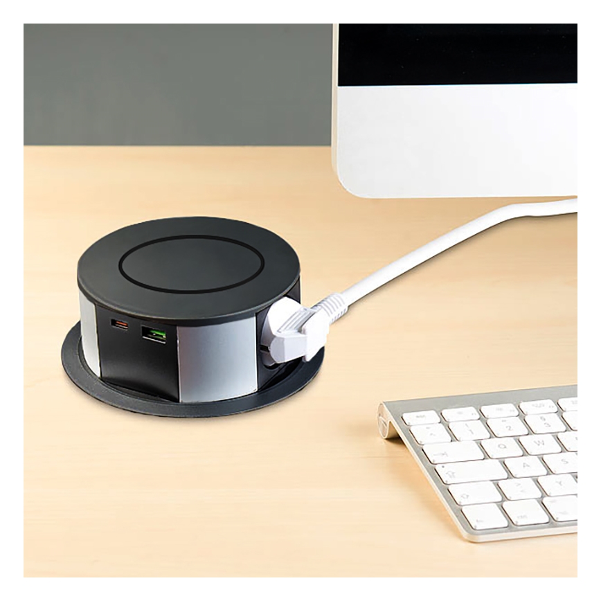 Stolni stupić s utičnicama i Qi bežičnim punjenjem 3x230V + 1xUSB-A + 1xUSB-C crna/srebrna
