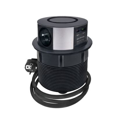 Stolni stupić s utičnicama i Qi bežičnim punjenjem 3x230V + 1xUSB-A + 1xUSB-C crna/srebrna