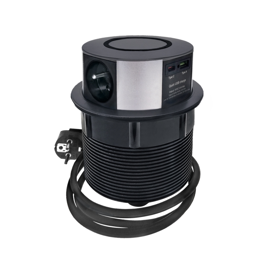 Stolni stupić s utičnicama i Qi bežičnim punjenjem 3x230V + 1xUSB-A + 1xUSB-C crna/srebrna