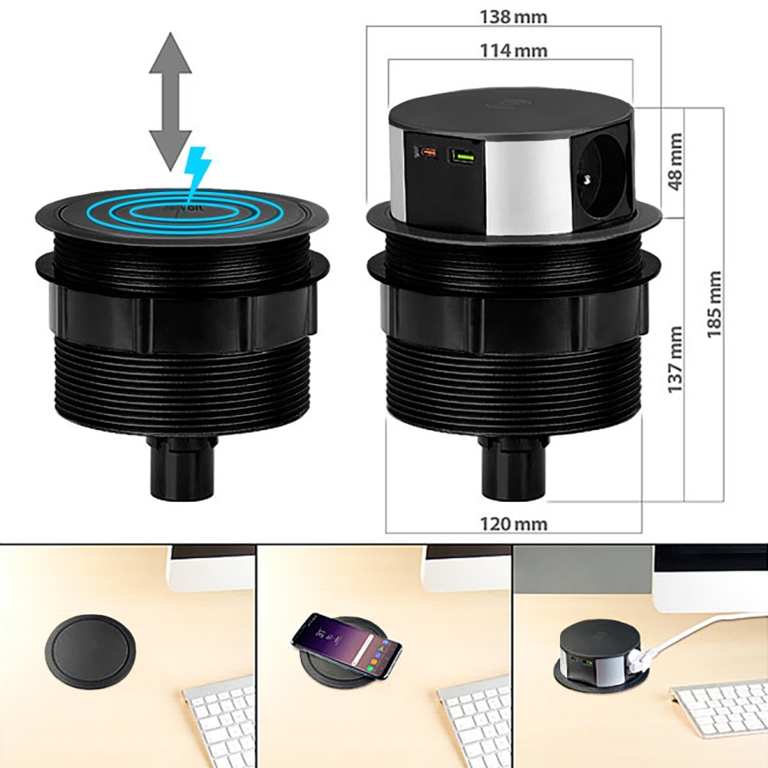 Stolni stupić s utičnicama i Qi bežičnim punjenjem 3x230V + 1xUSB-A + 1xUSB-C crna/srebrna