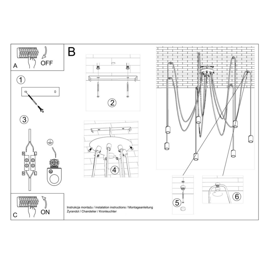 Luster na sajli EDISON 7 7xE27/60W/230V pauk crna