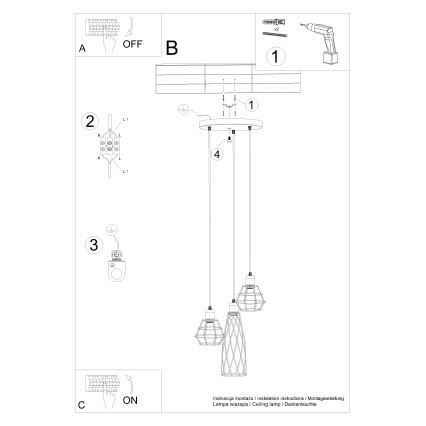 Luster na sajli SUBA 3xE27/15W/230V crna