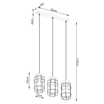 Luster na sajli GOTTO 3xE27/15W/230V crna/bukva