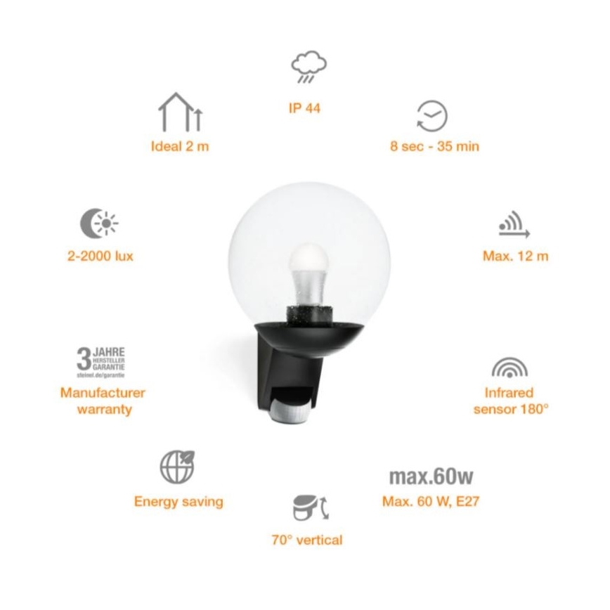 STEINEL 005535 - Vanjska zidna svjetiljka sa senzorom L585S 1xE27/60W crna IP44