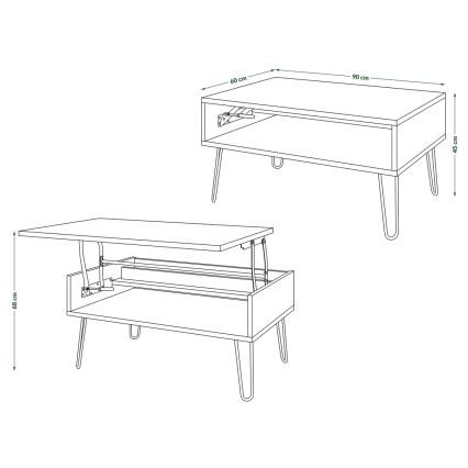 Stolić za kavu s podiznim vrhom i policom HALIJA hrast craft/crna