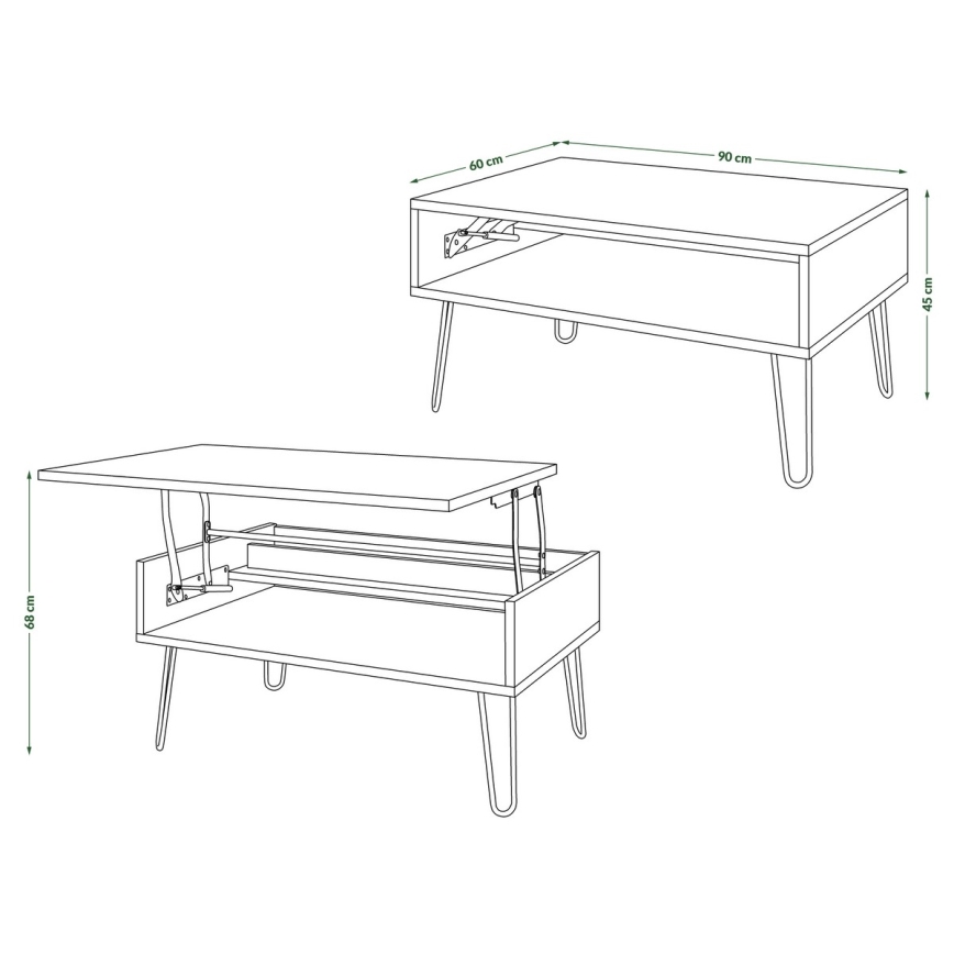 Stolić za kavu s podiznim vrhom i policom HALIJA hrast craft/crna