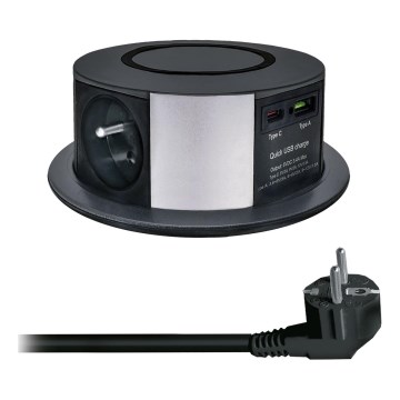 Stolni stupić s utičnicama i Qi bežičnim punjenjem 3x230V + 1xUSB-A + 1xUSB-C crna/srebrna