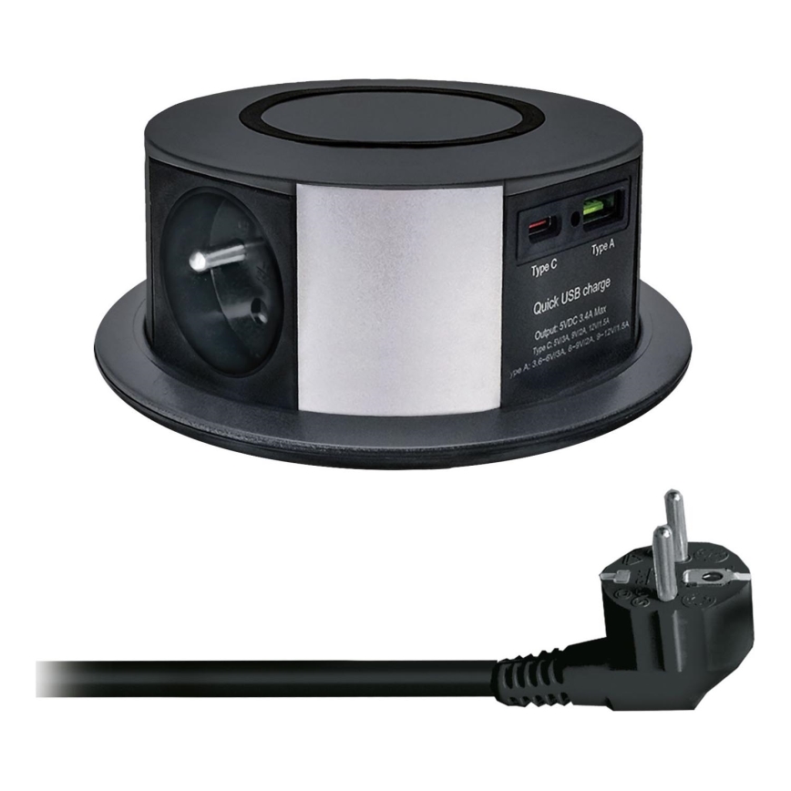 Stolni stupić s utičnicama i Qi bežičnim punjenjem 3x230V + 1xUSB-A + 1xUSB-C crna/srebrna