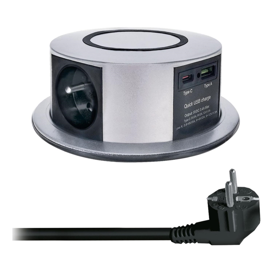 Stolni stupić s utičnicama i Qi bežičnim punjenjem 3x230V + 1xUSB-A + 1xUSB-C srebrna/crna