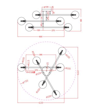 Stropna svjetiljka DORADO 6xG9/28W/230V crna