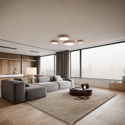 Stropna svjetiljka s detektorom pokreta i sumraka CLEO 4xE27/24W/230V, promjer 47,5 cm, hrast