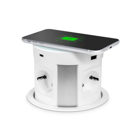 Stupac utičnica za stolnu ploču s bežičnim punjenjem 4x230V + 2xUSB-A + 2xUSB-C bijela