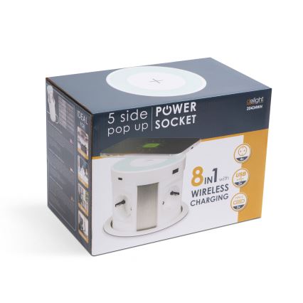 Stupac utičnica za stolnu ploču s bežičnim punjenjem 4x230V + 2xUSB-A + 2xUSB-C bijela