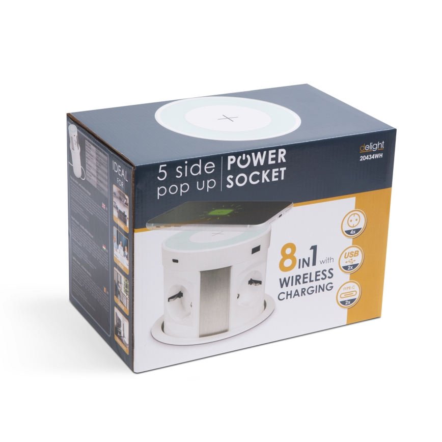 Stupac utičnica za stolnu ploču s bežičnim punjenjem 4x230V + 2xUSB-A + 2xUSB-C bijela
