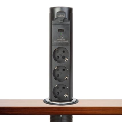 Stupak s utičnicama za stolnu ploču 3x230V + USB-A + USB-C, crni