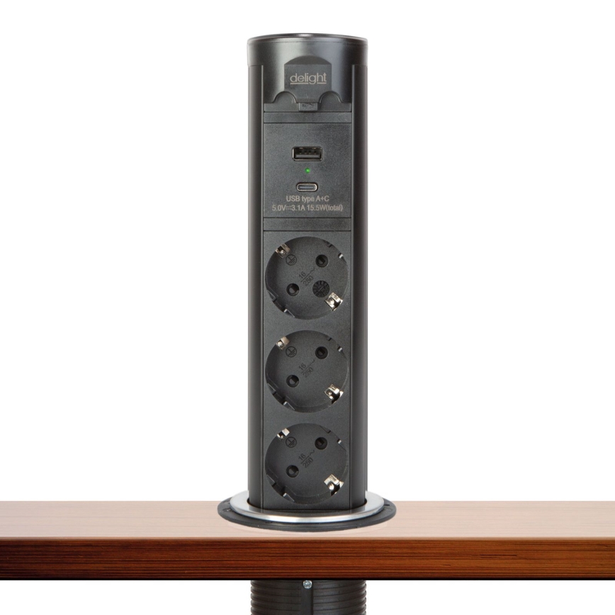 Stupak s utičnicama za stolnu ploču 3x230V + USB-A + USB-C, crni