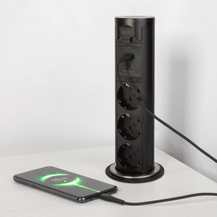 Stupak s utičnicama za stolnu ploču 3x230V + USB-A + USB-C, crni
