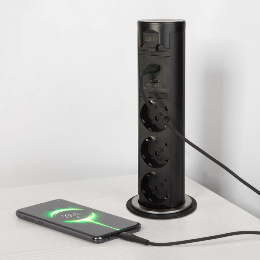 Stupak s utičnicama za stolnu ploču 3x230V + USB-A + USB-C, crni