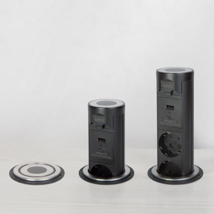 Stupak s utičnicama za stolnu ploču 3x230V + USB-A + USB-C, crni