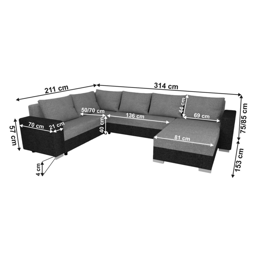 Tapecirana univerzalna kutna garnitura na razvlačenje u obliku slova U YORK, crna/antracit