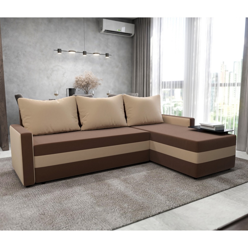 Tapecirana univerzalna razvlačna kutna garnitura u obliku slova L BRISTOL smeđa/bež