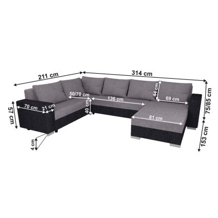 Tapecirana univerzalna razvlačna sjedeća garnitura u obliku slova U YORK siva/crna
