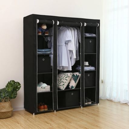 Tekstilni ormar za odlaganje s policama i šipkom za vješanje MATIS 150x175x45 cm crni