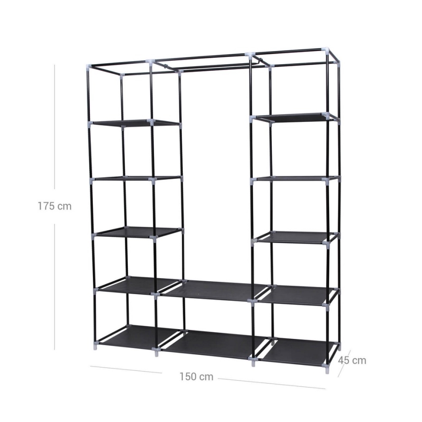 Tekstilni ormar za odlaganje s policama i šipkom za vješanje MATIS 150x175x45 cm crni