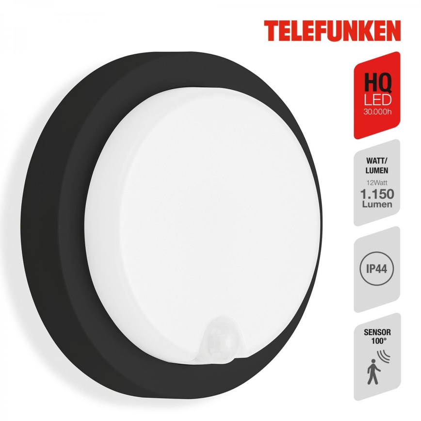 Telefunken 315305TF - LED Vanjska zidna svjetiljka sa senzorom LED/12W/230V IP44 crna