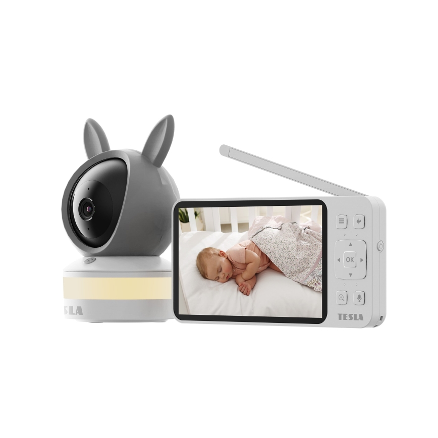 TESLA Electronics Bambino - Pametni video bebi monitor s ekranom 4 MP 2560p 5V 5000 mAh Wi-Fi Tuya siva/bijela