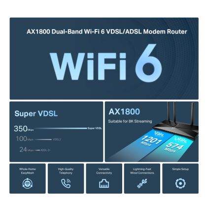 TP-Link - Dvopojasni VDSL/ADSL modemski usmjerivač s Wi-Fi 6 Archer VX1800V