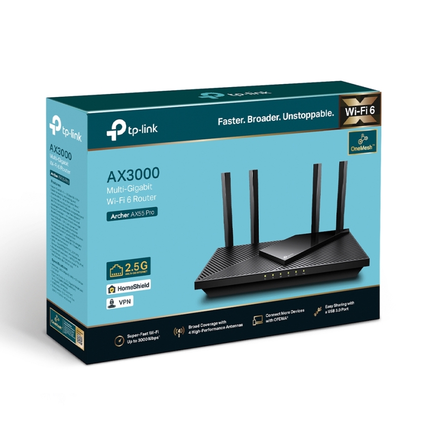 TP-Link - Dvopojasni multigigabitni Wi‑Fi 6 usmjerivač s 2,5G priključkom Archer AX55 Pro