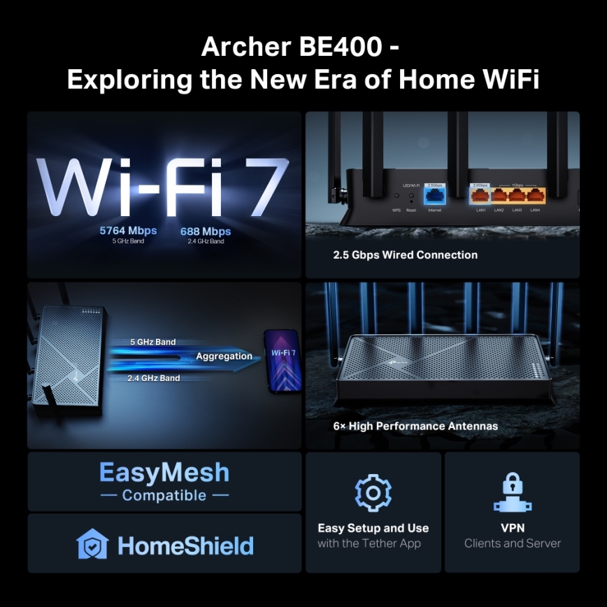 TP-Link - Dvopojasni Wi-Fi 7 usmjerivač Archer BE400