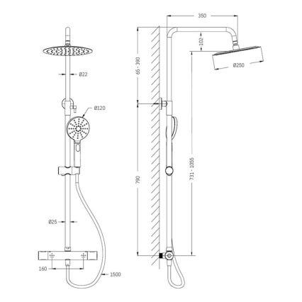 Tuš set s termostatskom miješalicom DRAGOR, polirani mesing