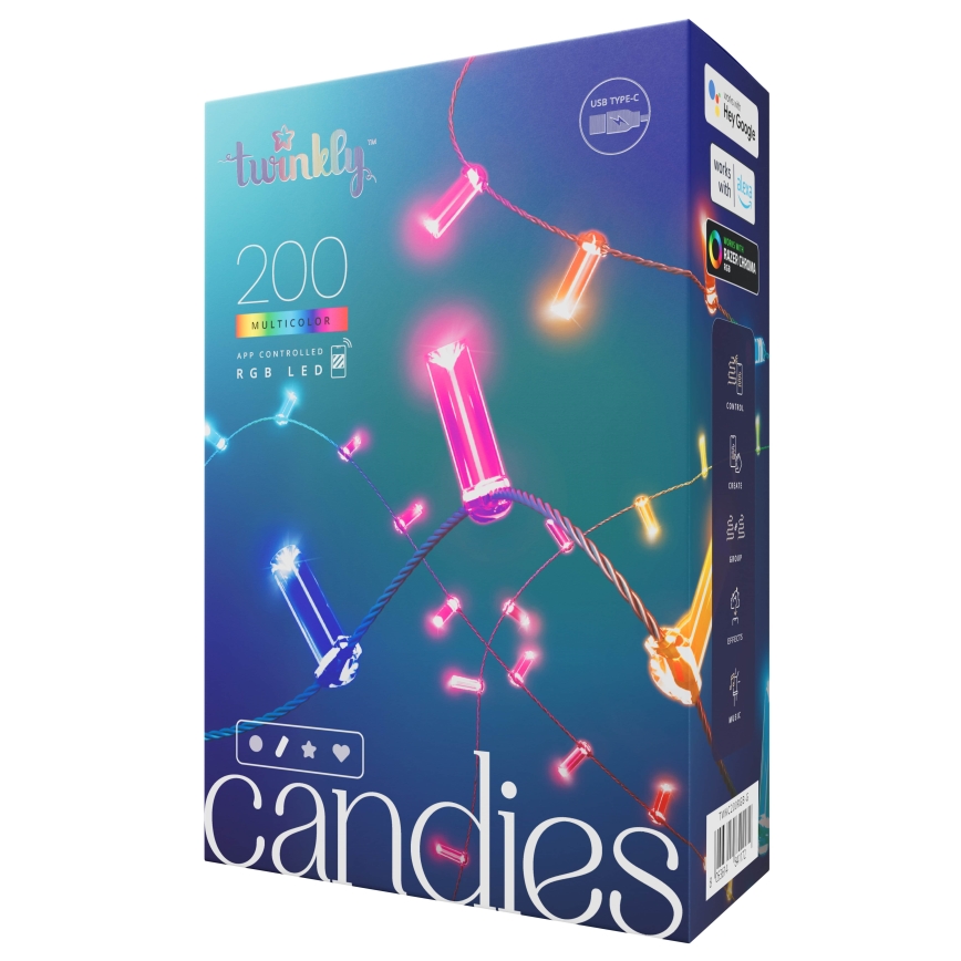 Twinkly - RGB LED niz CANDIES s mogućnošću prigušivanja, 200 LED, 14 m, USB i Wi‑Fi