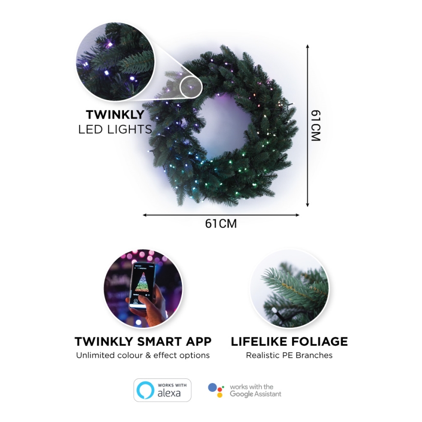 Twinkly - LED RGB Prigušivi božićni vijenac PRE-LIT WREATH 50xLED pr. 61cm Wi-Fi