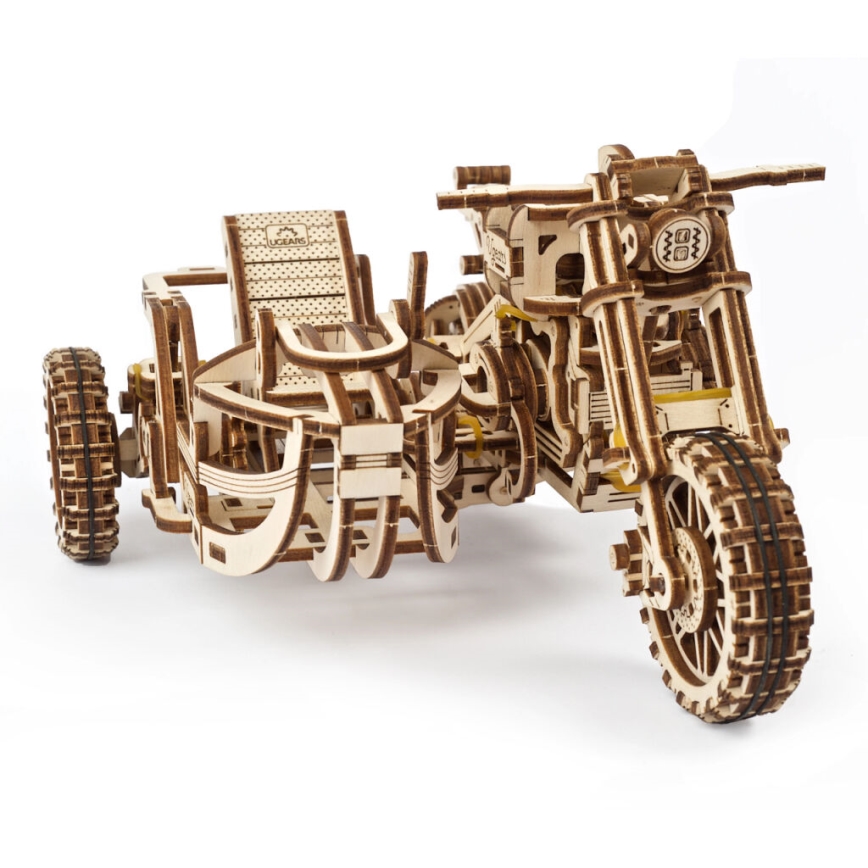 Ugears - 3D drvena mehanička slagalica Motocikl scrambler s prikolicom