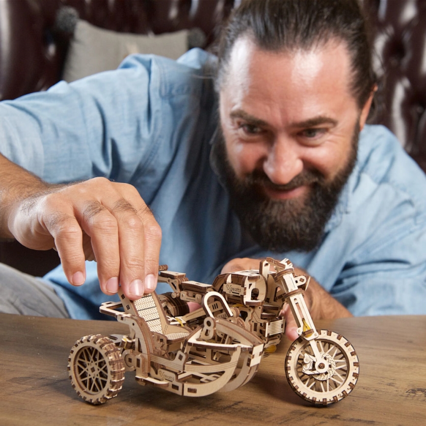 Ugears - 3D drvene mehaničke puzzle Motocikl scrambler s prikolicom