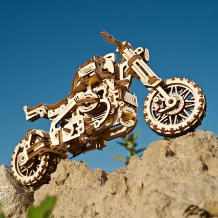 Ugears - 3D drvene mehaničke puzzle Motocikl scrambler s prikolicom