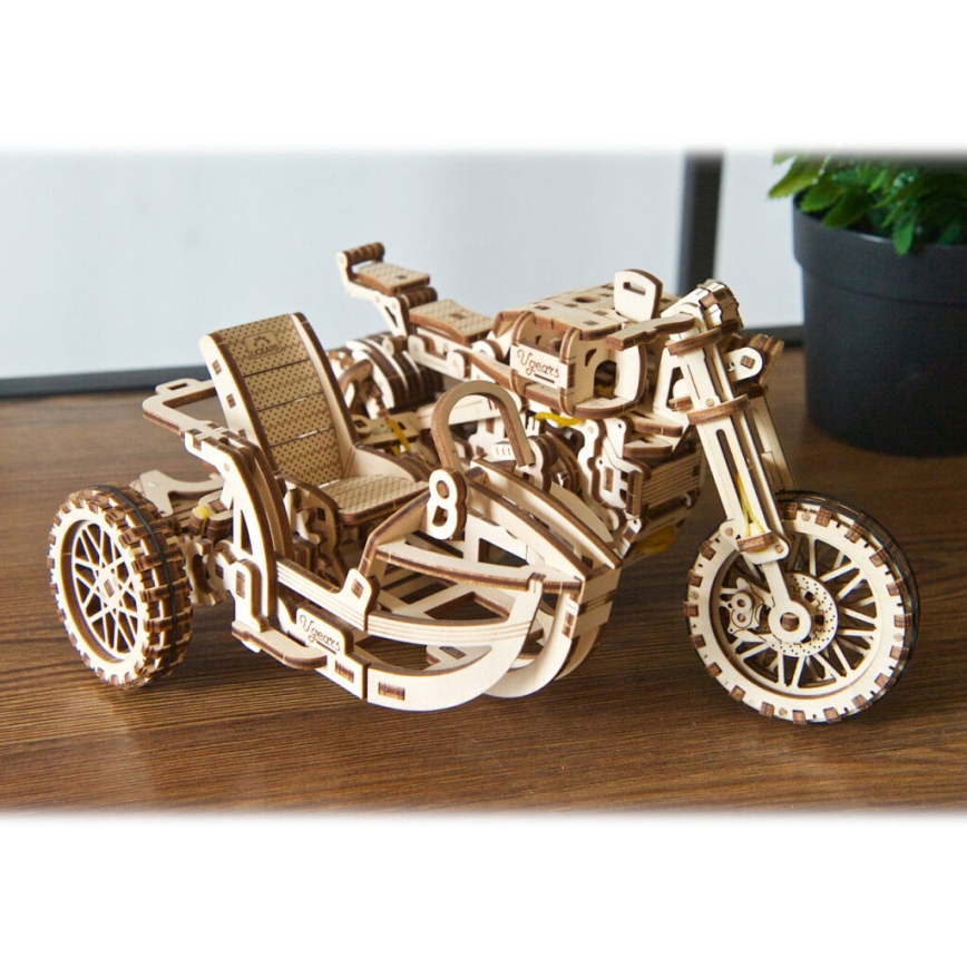 Ugears - 3D drvene mehaničke puzzle Motocikl scrambler s prikolicom