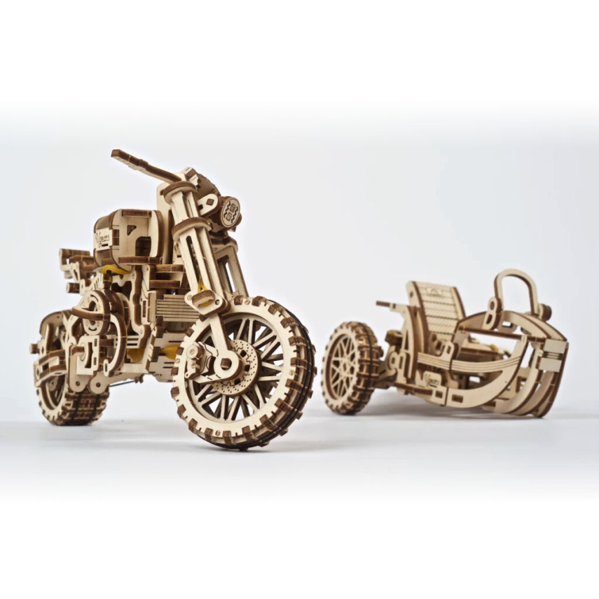 Ugears - 3D drvene mehaničke puzzle Motocikl scrambler s prikolicom