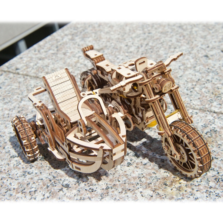 Ugears - 3D drvene mehaničke puzzle Motocikl scrambler s prikolicom