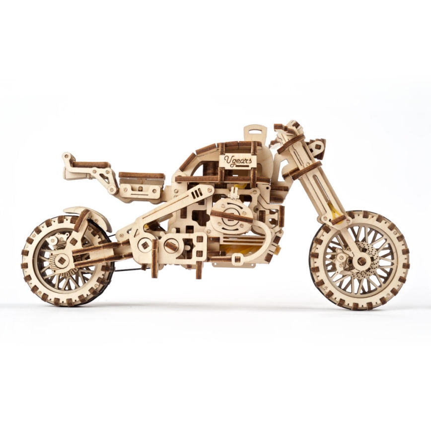 Ugears - 3D drvene mehaničke puzzle Motocikl scrambler s prikolicom