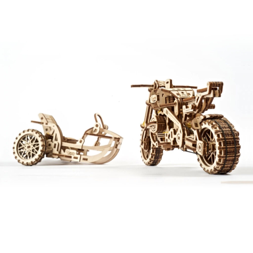 Ugears - 3D drvene mehaničke puzzle Motocikl scrambler s prikolicom