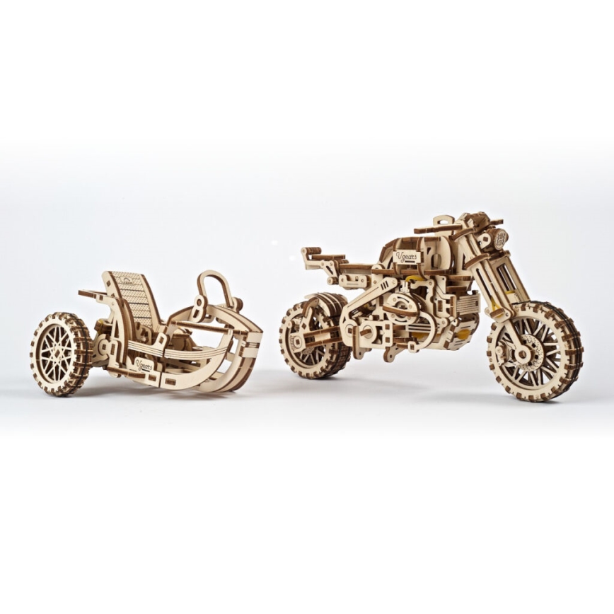Ugears - 3D drvene mehaničke puzzle Motocikl scrambler s prikolicom