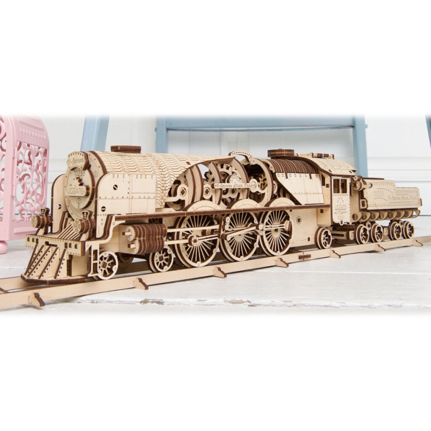 Ugears - 3D drvene mehaničke puzzle V-Express parna lokomotiva s tenderom